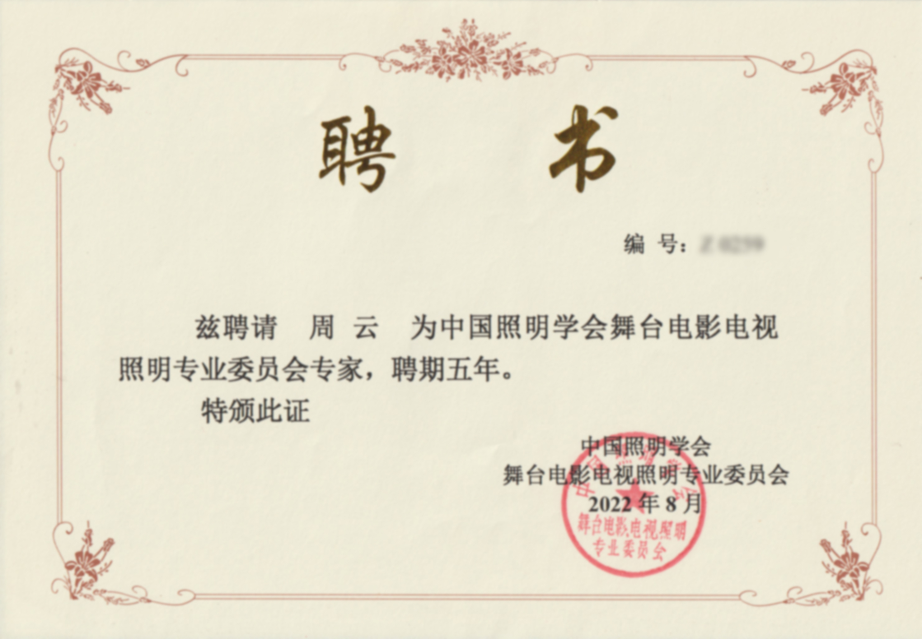 舞台电影电视照明专业委员会专家聘书